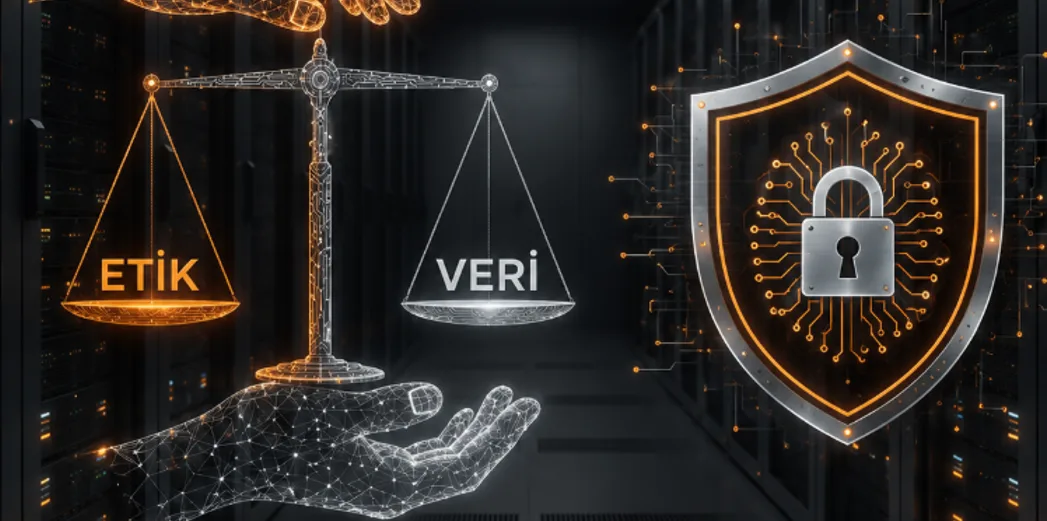 Veri merkezi önünde dijital terazi: bir kefede etik, diğerinde veri; yanında devre desenli kalkan içinde asma kilit — ISO 42001 yapay zekâ yönetim sisteminde etik ve veri güvenliği dengesi