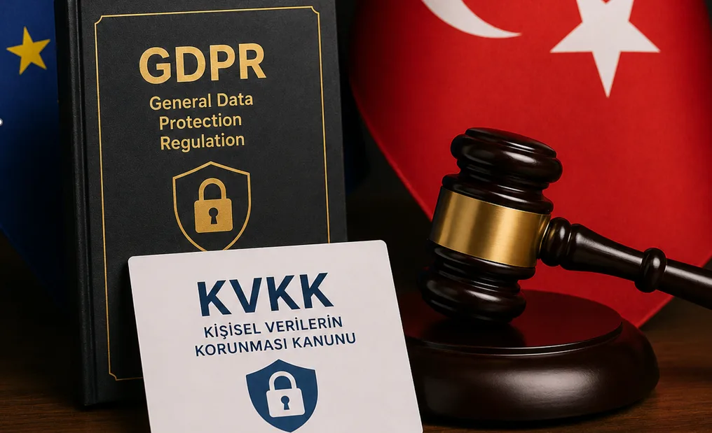A book titled GDPR (General Data Protection Regulation) with a card for Türkiye's KVKK personal data protection law in front of it, the European Union and Turkish flags behind, and a judge's gavel alongside